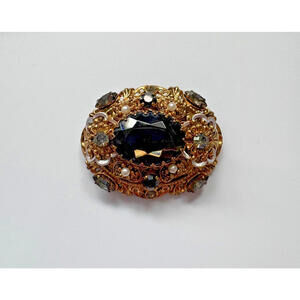 Vintage Brass Filigree Black Smoke Glass Pearl Brooch Pin Signed West Germany